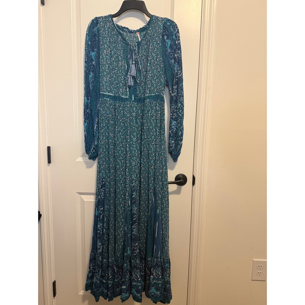 Free People Maxi Dress Happy Feelings Small Teal Blue Floral Boho Long Sleeve